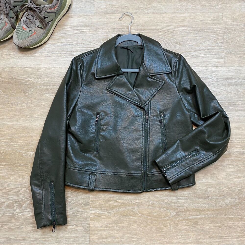 T Tahari Faux Leather Biker Moto Jacket‎ Women's M Color Green